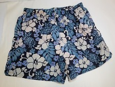 Vintage Sea Waves Men Size Large Black Teal Mesh Lined Floral Print Swim Shorts