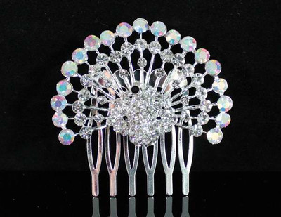 PEACOCK AB CLEAR RHINESTONE CRYSTAL HAIR COMB BRIDAL WEDDING TIARA JEWELRY  C1710