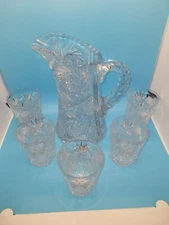 Vintage 8" American Brilliant Period Crystal Pitcher and 5 Crystal Water Glasses