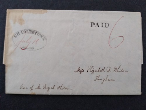 Massachusetts: Charlestown 1832 stempellose Abdeckung, schwarz gepunktetes Oval nach Hingham