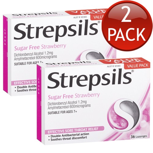 2 x Strepsils Sugar Free Strawberry Flavour Lozenges Sore Throat Relief 36 Pack