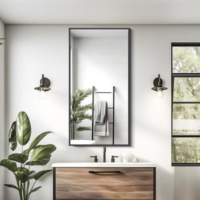 Large 24x48 Inch Black Wall Mirror - Stylish Aluminum Framed Vanity Decor