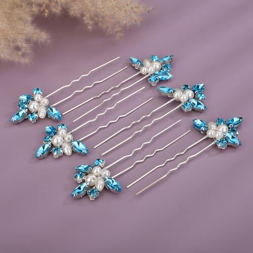 6pcs Crystal Pearl Bridal Hair Pins Blue Rhinestone Wedding Hair Pins Clips - Bild 2 von 5