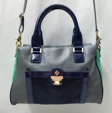 Tory Burch Multicolor Leather Suede Double Handles Zipper Satchel Shoulder Bag