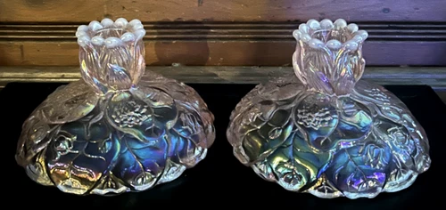 Vintage Set of 2 Fenton Pink Opalescent Carnival Glass Water Lily Candle Holders