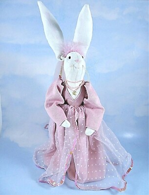 Standing White Rabbit 13 Inch Wearing Dusty Pink Gown Veil Easter Spring Decor