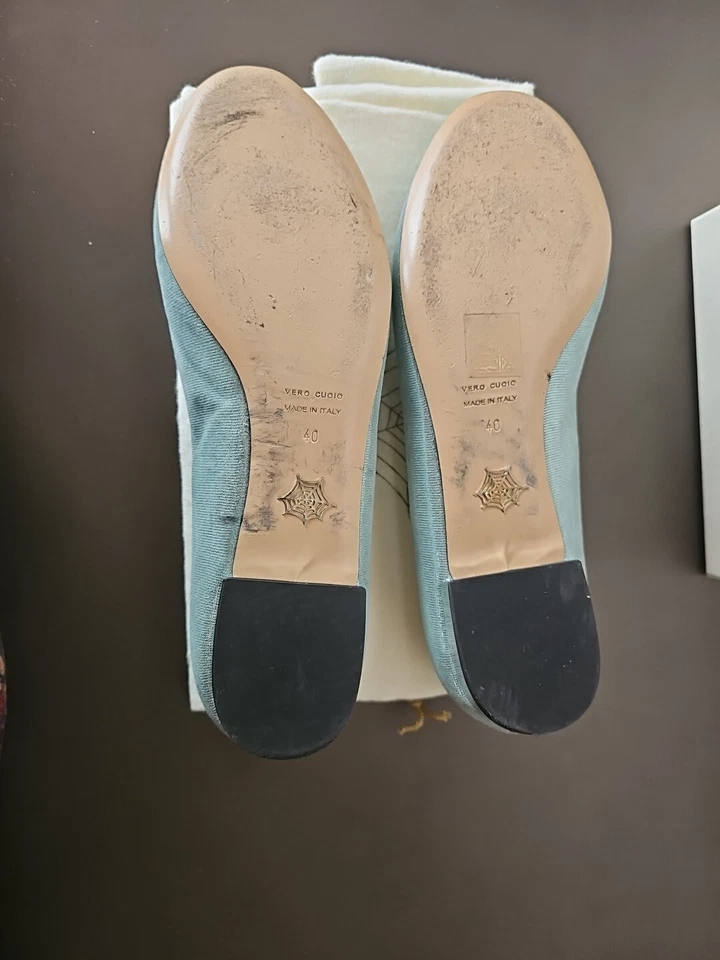 ZAPATO PLANO CHARLOTTE OLYMPIA KITTY Gamuza Verdigris/plateado Talla 40/9 Usado en Excelente Condición Foto 3 de 4