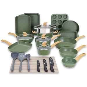 30 Pièces Ensemble de vaisselle Pots et casseroles Ensemble de pâtisseries enduites de granit non en bâton