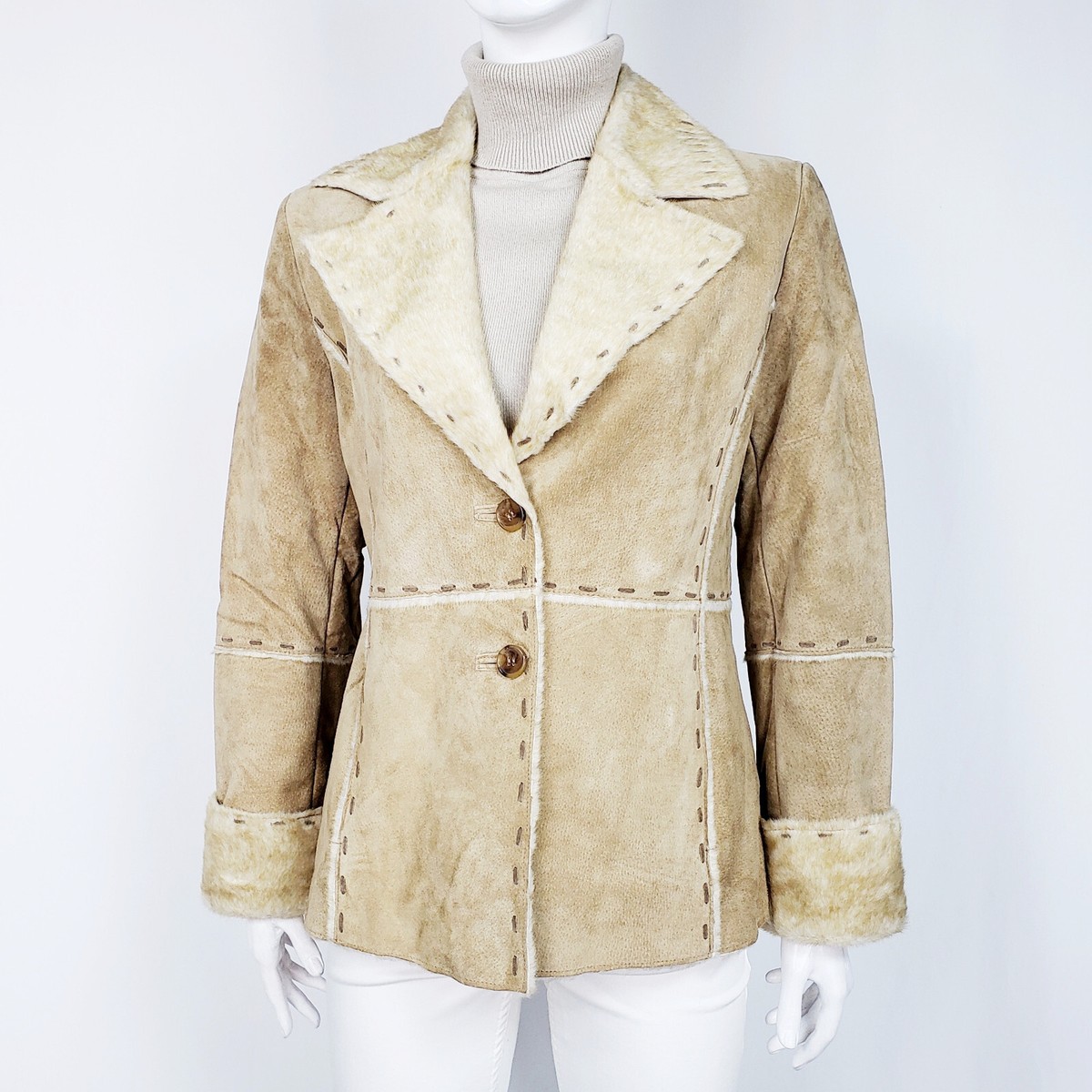 LEBAZ NEWYORK Suede Leather Jacket Faux Fur Trim Coat Contrast