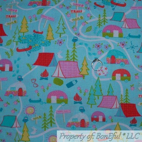 BonEful FABRIC FQ Cotton Quilt VTG Aqua Blue Rainbow Camp Scenic Tent RV Trailer - Picture 4 of 11