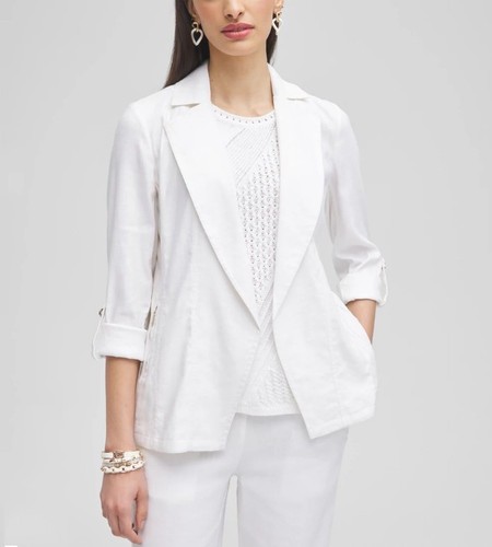Chico's Blazer Women's Size 2 White Moto Strech Linen Jackect Roll-Tab NEW $139 - Picture 2 of 13