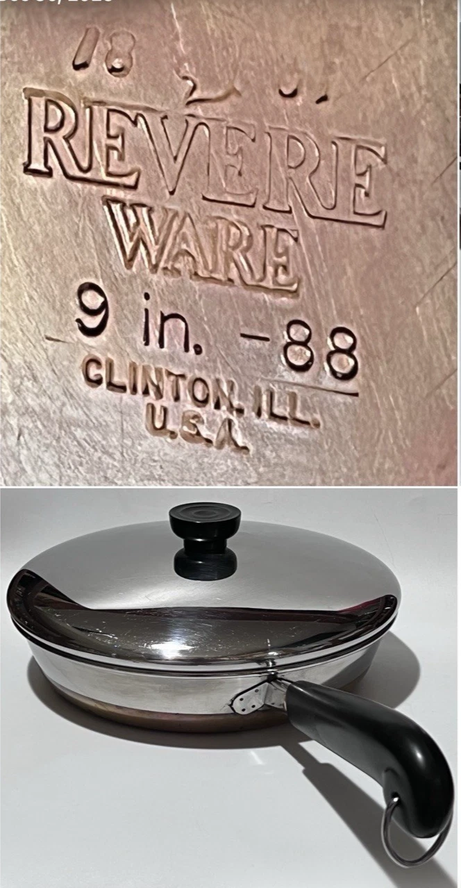 Revere Ware 1801 9” Fry Pan Copper Bottom Stainless Steel Clinton ILL USA