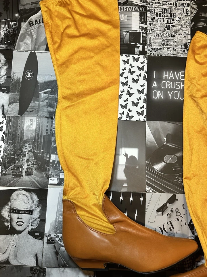 Vtg 90s Charles David Italian Leather Yellow Stretch OTK Boots Sz 6B w Box Retro - Image 2 of 4