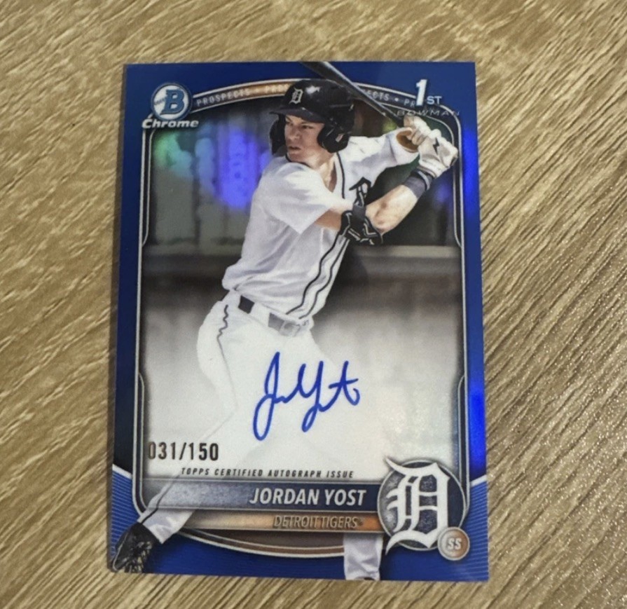 2025 Bowman Draft Chrome Jordan Yost 1st Bowman True Blue Auto 103/150. tigers