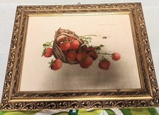 ANTICO RICAMO SU STOFFA FINE 800 45x35 CESTO FRAGOLE E APE