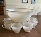 Vtg.-Anchor Hocking-Sandwich Milk Glass Punch Bowl-Stand-6 Cups-w/Gold Rim