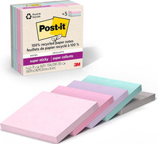 Post-It 100 Recycled Super Sticky Notes, 3 X 3 In, Pastels, 5 Pads