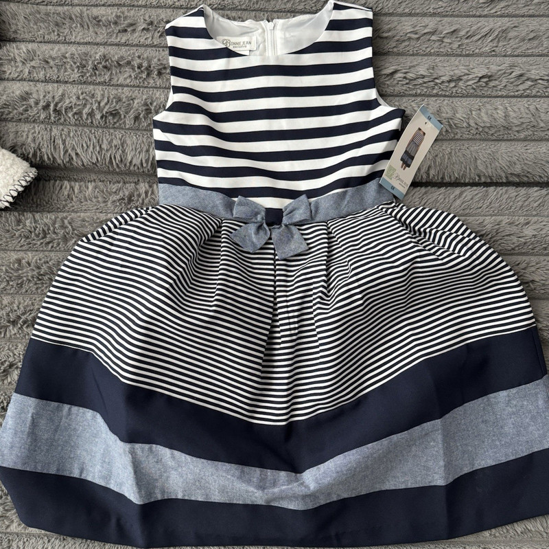 Bonnie Jean Girls Dress Navy/White Striped Fit & Flare Sleeveless Bow 6X
