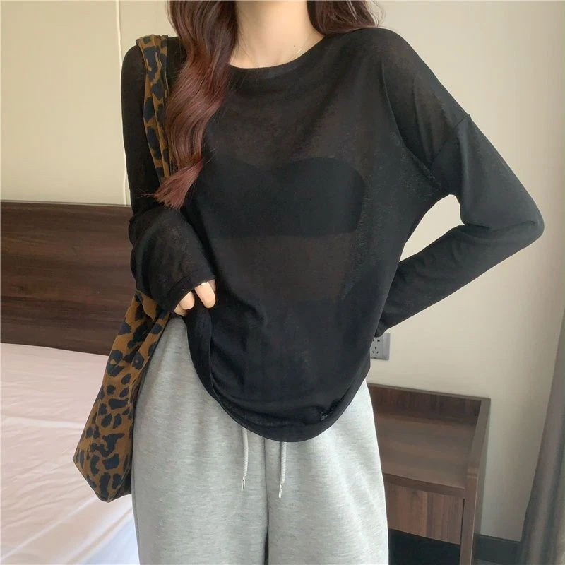 Donna Trasparente Top Sottile Sun-Protection Camicia Girocollo a Maniche Lunghe - Immagine 4 di 4