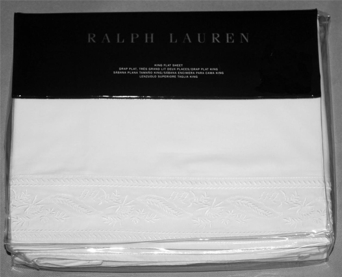 Ralph Lauren Katrine Embroidered Floral Border White QUEEN Flat