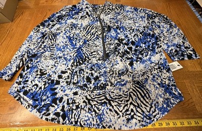 New Alfani Women Partial Zip Top Black White Royal Blue Polyester Spandex 3X
