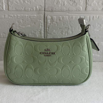 Coach Signature Logo Mini Crescent Shoulder Bag Green Zip Strap Charm Silver