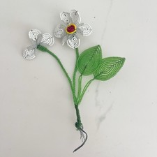 French glass beaded flower daisy with leaves white grey yellow red