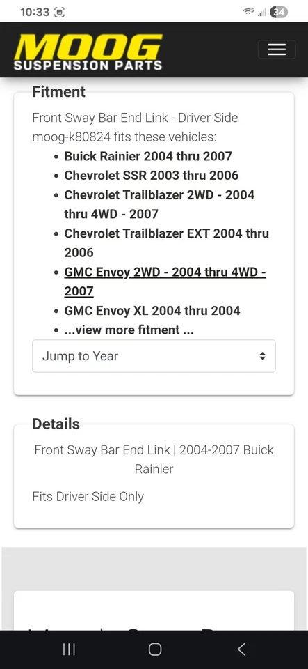 04-07 Buick Rainier Chevy Trailblazer Moog K80824 Barra estabilizadora delantera End Link Foto 2 de 3