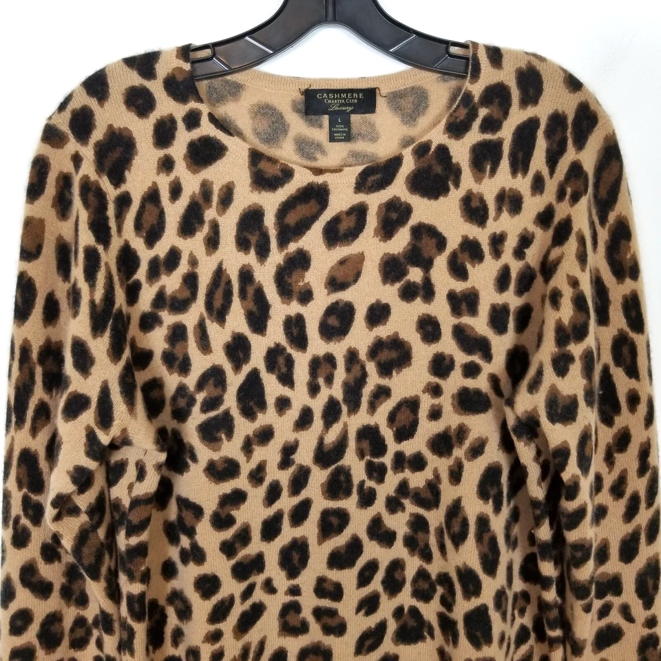 Suéter Charter Club Mujer 100% Cachemira Estampado Animal Talla L Marrón Pullover Acogedor Foto 2 de 4