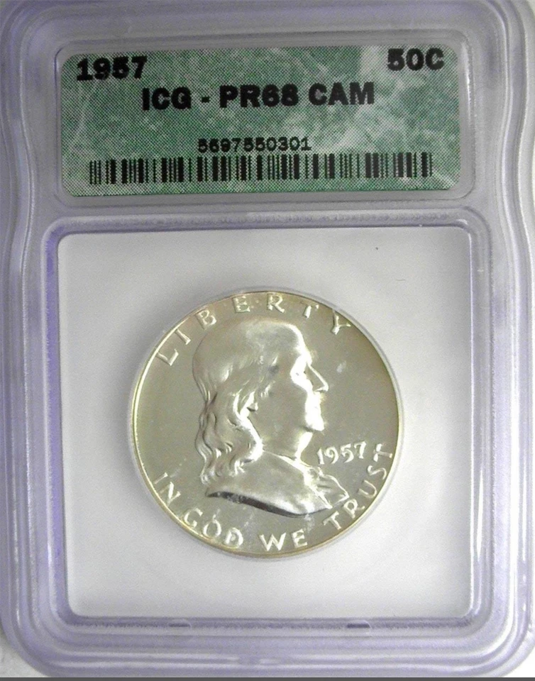 1957 Franklin meio dólar prova ICGPF 68 CAMEO PR68CAM moeda de prata gelada 50C - Imagem 3 de 4