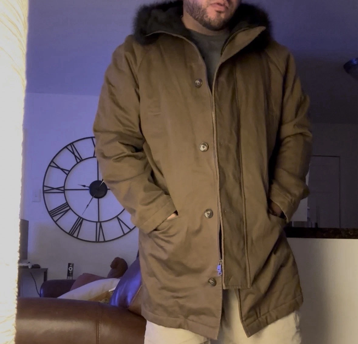 Banana Republic Men’s Parka Size Large Brown Faux Fur Hoodie Jacket Coat Warm