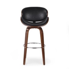 2set Modern Swivel Bar Stool Walnut Wood Frame Black Leather Seat Counter Height