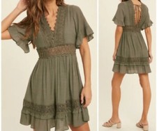 Boutique Olive Green Bohemian Crochet Lace Trim Ruffle Short Sleeve Mini L