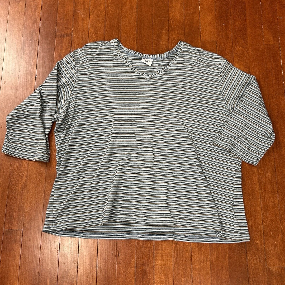 Columbia Womens Plus 2X Blue Striped 3/4 Sleeve Shirt BOHO 80s 