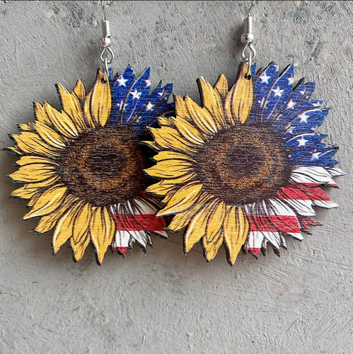 American Flag Sunflower Drop Wood Earrings - 4th of July, USA, American, Summer - Picture 6 of 7