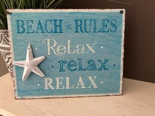 Image of BEACH RULES WALL HANGING METAL SIGN BLUE WHITE STARFISH BATHROOM BEACH HUT