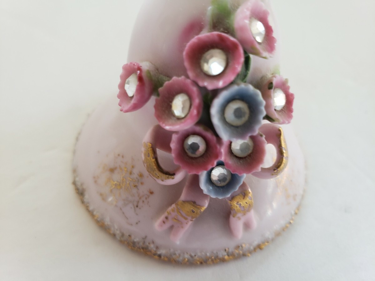 VINTAGE MADE IN JAPAN BELL WITH FLOWERS AND RHINESTONES ORIGINAL