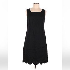 Abigail Heche Linen Scalloped Hem Sleeveless Little Black Shift Dress Sz M