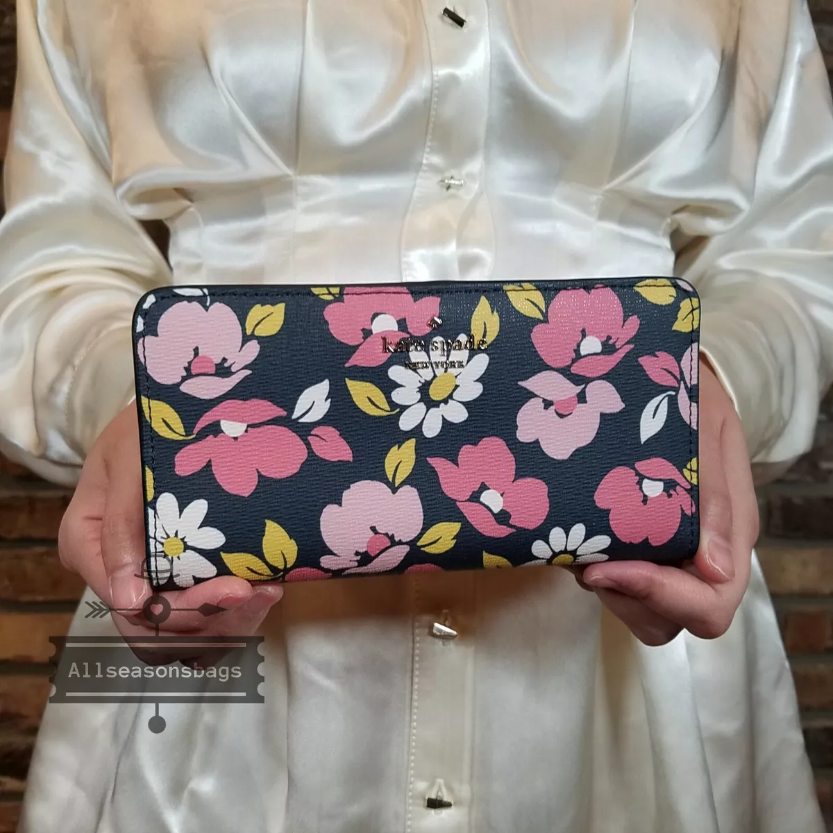 Kate Spade Darcy Road Trip Floral Large Slim Bifold Wallet Blue Multi  AUTHENTIC