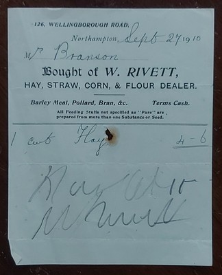1910 W Rivett, Hay, Straw & Flour Dealer, Wellingborough Rd, Northampton Invoice