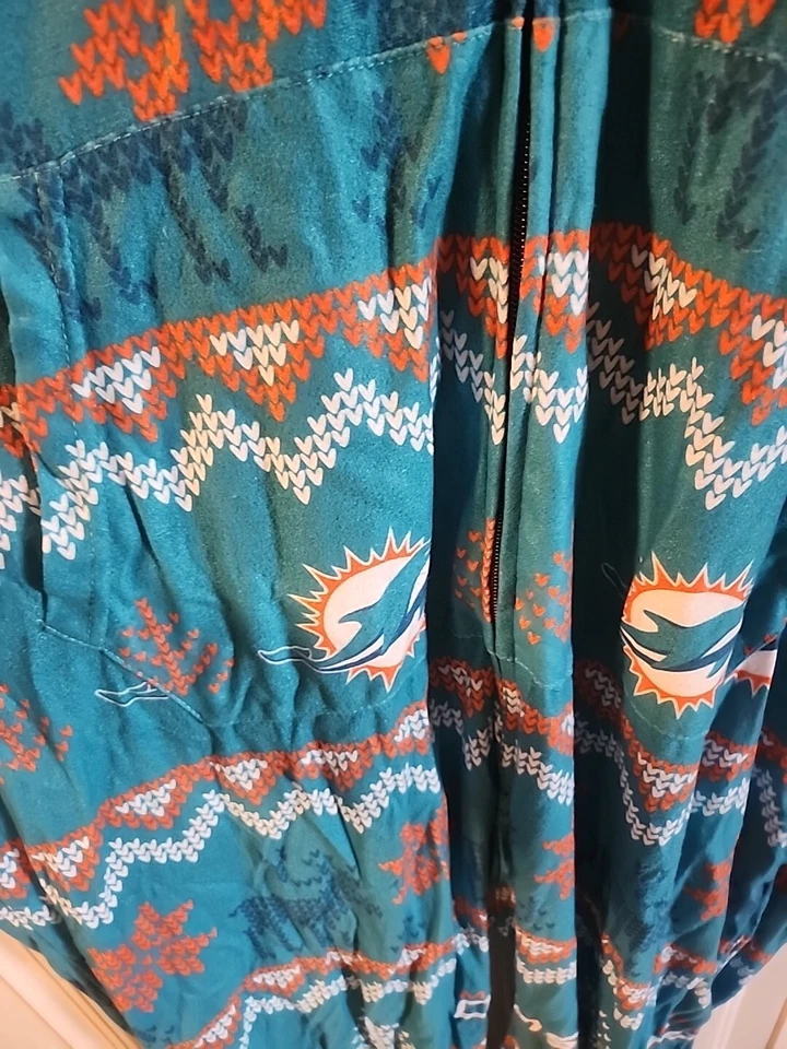 NFL Miami Dolphins Sz M Logo Uniform Holiday Fleece Pajamas PJ Zip Up One Piece - Image 3 of 4