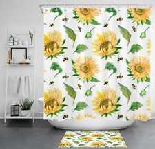 Animal Bee Green Leaf Yellow Sunflower Shower Curtain Bathroom Accessories Set