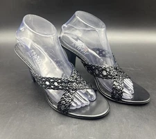 Franco Sarto Sandal Womens 8.5M Black Leather Slide On Open Toe Heel Sandal