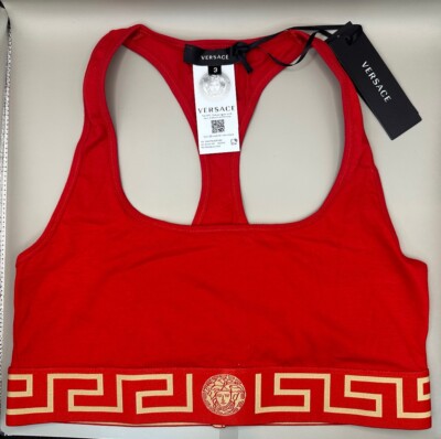 Versace Greca Border Scoop Bralette Medusa Logo Cotton Red & Gold Size 3 Authent