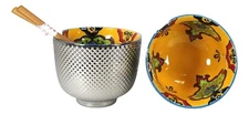 Set of 2 Ottoman Silver Plated Ramen Noodle Bowls W/ Chopsticks Orange Floral