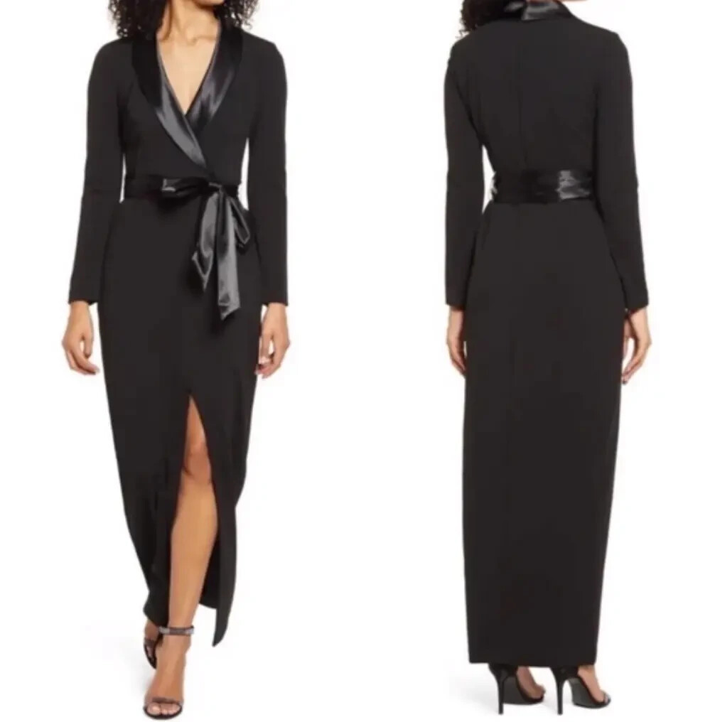 Eliza J Long Sleeve Tuxedo Maxi Gown Black Tie Wedding Sz 8 *1153 | eBay