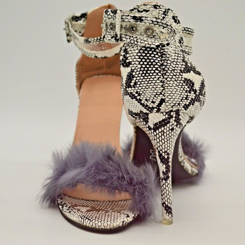 Womens Embossed Snake Fluffy Fur Open Toe Stiletto Slingback Sandals Black White - Picture 5 of 7
