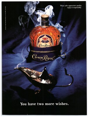 1995 Crown Royal Print Ad, Magic Lamp You Have Two More Wishes Purple Bag Smoke
