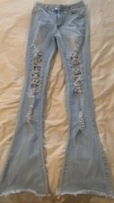 Women's Jeans Small Long Lightwash Denim Bottoms Distressed Flared