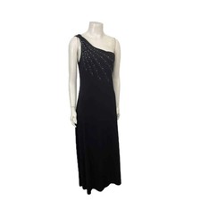 Vintage One Shoulder Black Evening Dress Rhinestone Asymmetrical Gown / medium ^